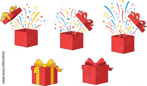 Gift box surprise set with exploding confetti and ribbon bows, festive celebration present collection, birthday party concept vector illustration isolated design