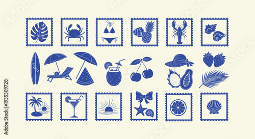Detailed Tropical Summer Vacation Icons Set Beach Holiday Travel Stamps Collection