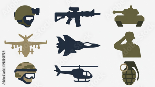 Military Aviation Icons Set – Fighter Jet, Helicopter, Pilot and Control Tower