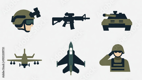 Military Aviation Icons Set – Fighter Jet, Helicopter, Pilot and Control Tower