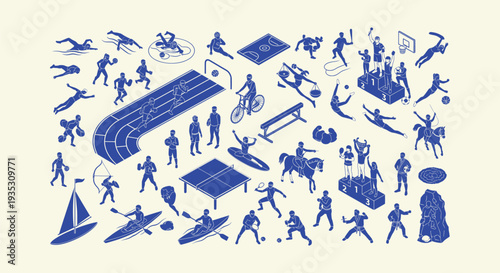 Dynamic Isometric Sports Vector Icons Diverse Athletes Engaging in Various Athletic Activities and Competitions