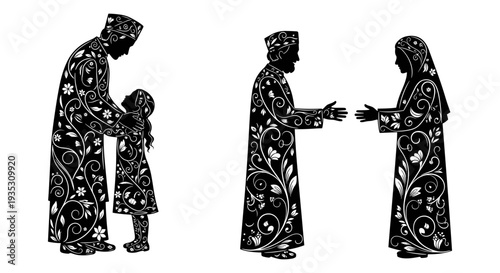 Cultural exchange between elders and younger generations in traditional attire Vector, illustration