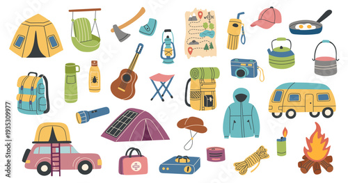 Set of camping and travel objects isolated on white background. Vector flat cliparts. The concept of travel, camping, hiking and outdoor recreation.