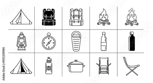 Collection of camping and outdoor adventure icons in a grid layout