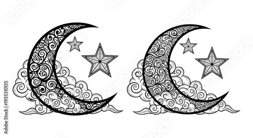 Elegant crescent moons with stars and intricate swirling designs in black and white Vector, illustration
