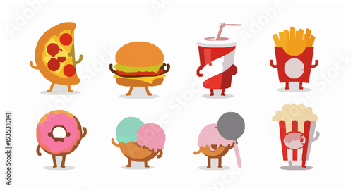 Cartoon Fast Food Junk Snacks Set with Pizza Burger Fries Cola and Ice Cream Vector Illustration
