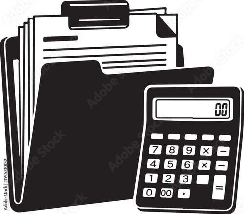 Calculator and documents in a black folder icon set