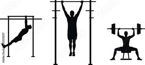 Fitness workout silhouettes set showing pull up exercise and barbell weightlifting, strength training athletes on gym equipment, bodybuilding and calisthenics training illustration