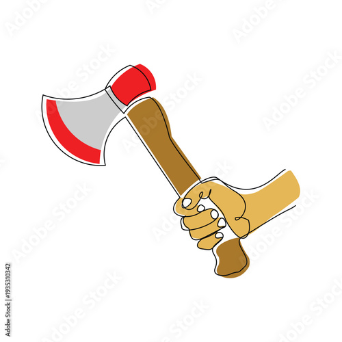 Continuous line sketch drawing Hatchet in a tree stump. A tree stump with an axe stuck. Forest, camping concept. Axe in stuck at stump vector illustration single one editable stroke