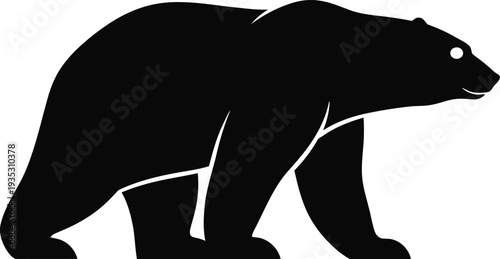 Black silhouette of a bear walking to the right on a white background