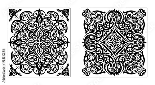 Intricate arabesque patterns showcasing traditional ornate designs in black and white Vector, illustration