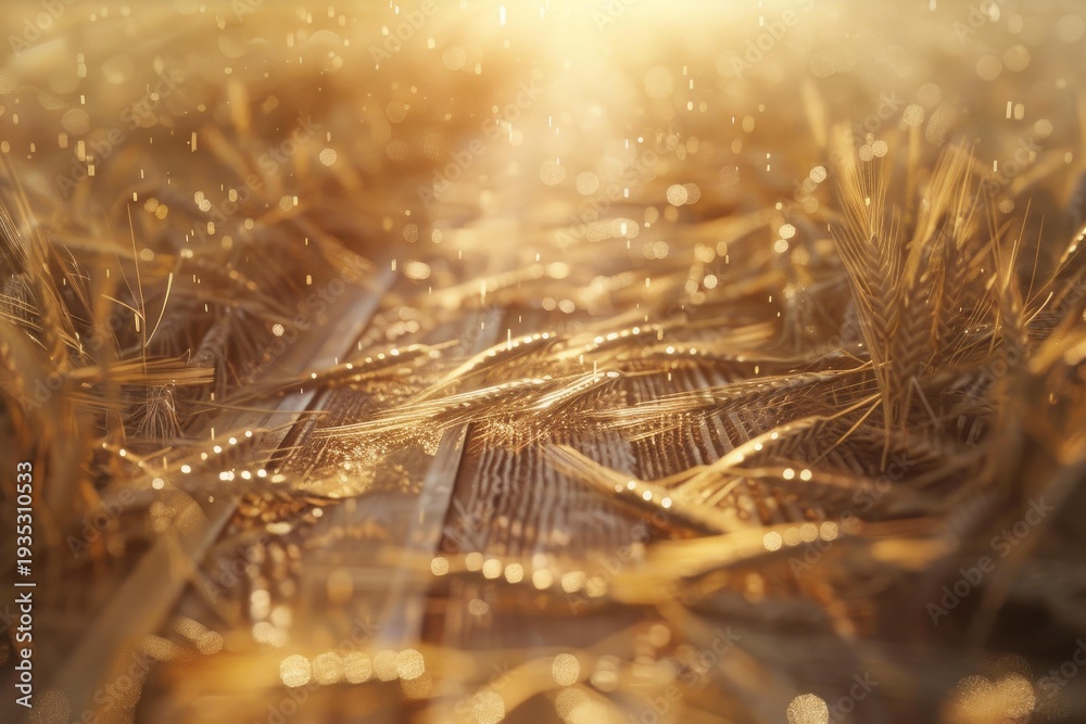 Naklejka premium Close up of ripe wheat stalks glistening with raindrops under the warm glow of the setting sun