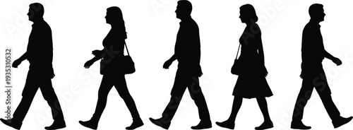Black silhouettes of five people walking in a row on white background