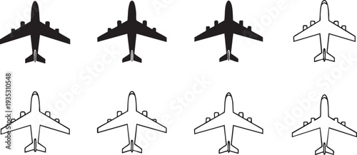 Eight airplanes in different line styles on white background aircraft silhouettes line transportation