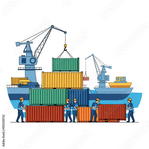 Dock workers loading colorful shipping containers onto cargo ship  