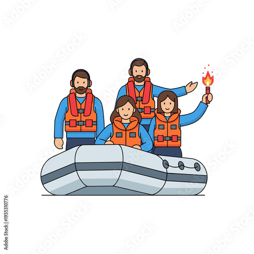 Group of four people in life jackets on inflatable boat with flare  
