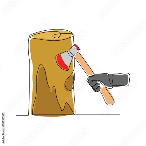 Continuous line sketch drawing Hatchet in a tree stump. A tree stump with an axe stuck. Forest, camping concept. Axe in stuck at stump vector illustration single one editable stroke