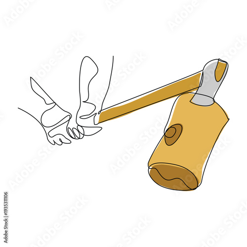 Continuous line sketch drawing Hatchet in a tree stump. A tree stump with an axe stuck. Forest, camping concept. Axe in stuck at stump vector illustration single one editable stroke