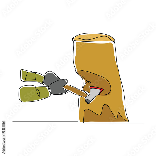 Continuous line sketch drawing Hatchet in a tree stump. A tree stump with an axe stuck. Forest, camping concept. Axe in stuck at stump vector illustration single one editable stroke