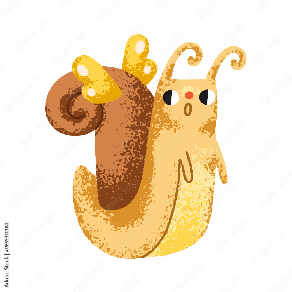 Fototapeta premium Cute funny snail, surprised emotion, looking at butterfly wings. Fairytale slug, hybrid animal in transformation, change. Kawaii garden nature. Flat vector illustration isolated on white background