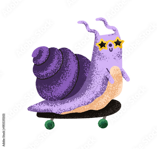 Cute funny snail on skate board. Happy slow animal in sunglasses skating, riding at fast speed, on skateboard. Smiling kawaii slug. Kids flat vector illustration isolated on white background