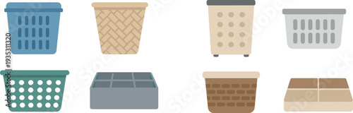 Four distinctive storage baskets are presented, each with different designs and colors. The collection includes woven, mesh, and solid containers perfect for organizing various spaces.