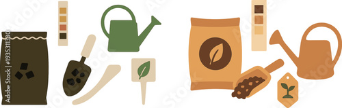 A variety of gardening tools and materials are arranged together, including a watering can, a bag of soil, a trowel, and plant markers. Perfect for gardening enthusiasts and hobbyists.