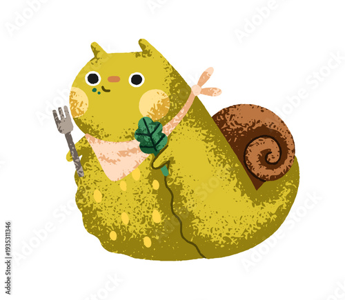 Cute funny snail eating leaf food, having meal. Happy fat gastropod, chubby escargot with snack, healthy vegetarian diet. Whimsical slime, slug. Flat vector illustration isolated on white background
