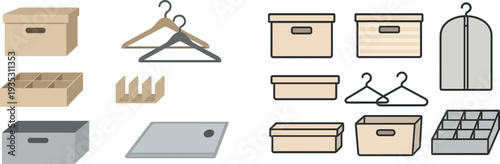 Collection of storage items displayed on a plain background includes various boxes, hangers, and dividers ideal for organizing home and office spaces effectively.