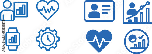 Various blue icons display health and fitness technology concepts, including a person presenting data, a heart rate monitor, a smartwatch, and a gear with a clock.