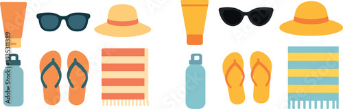 A collection of beach essentials laid out on a flat surface includes sunblock, sunglasses, a hat, flip-flops, a water bottle, and a towel, ready for a day at the beach.