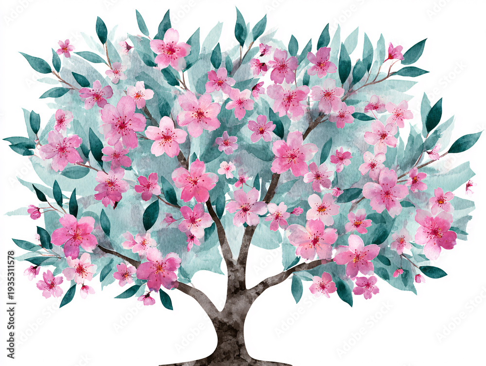 Obraz premium Watercolor Cherry Blossom Sakura Tree with Pink Flowes and Green Leaves on Whit Background