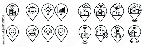 A collection of line icons depicting technological elements such as smart buildings, microchips, light bulbs, and data visualizations. These icons symbolize innovation in urban development.