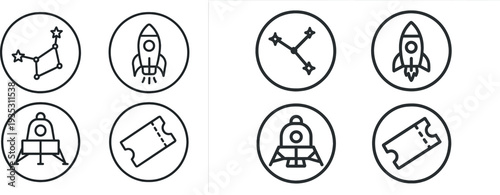Icons depict elements of space exploration: a constellation, a rocket ready for launch, a lunar lander preparing for touchdown, and an adventure ticket for space enthusiasts exciting about the cosmos.