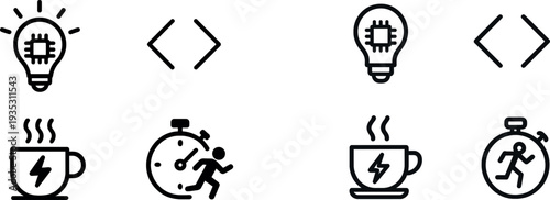 This collection showcases a light bulb symbolizing ideas, a cup of coffee for energy, a timer for productivity, and coding brackets, reflecting themes of tech and efficiency.