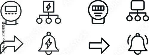 Four simple digital icons illustrate essential elements of an electricity management system, including a meter, connection diagram, alert bell, and directional arrow for navigation.