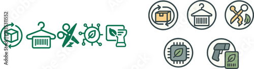 Visual elements highlight key concepts in sustainable fashion. Icons depict recycling, garment care, cutting, sustainability, and certification in eco-conscious clothing practices.