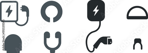 Various symbols depicting electronic device components are displayed, including charging ports and connectors, highlighting concepts of connectivity in technology.