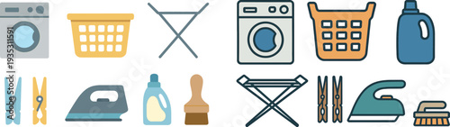 Various laundry supplies are neatly arranged, including a washing machine, a basket, an iron, detergent, and clothes pegs, ready for use at home.