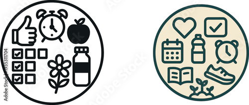 Various symbols representing healthy lifestyle choices show an alarm clock, a checklist, an apple, a flower, a thumbs up, and a bottle. These icons promote wellness and self-care.