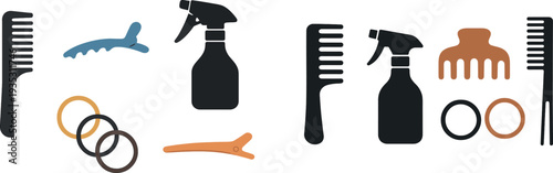 Various hair styling tools are displayed against a simple background. Items include a comb, hair clips, elastic bands, and a spray bottle, all essential for creating different hairstyles.