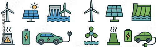 This vibrant illustration showcases various renewable energy sources including wind turbines, solar panels, and hydroelectric power, along with a charging electric vehicle, symbolizing sustainability.