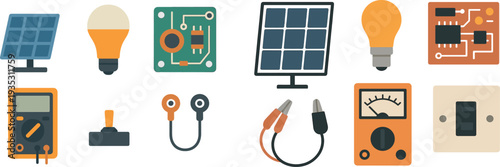 Various electrical components are showcased, including a solar panel, a light bulb, a circuit board, a multimeter, a switch, and cables, representing energy solutions and electronics.