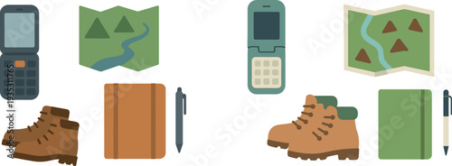 A collection of hiking essentials including sturdy boots, a map for navigation, a notebook for jotting down notes, and a mobile device for communication during outdoor adventures.