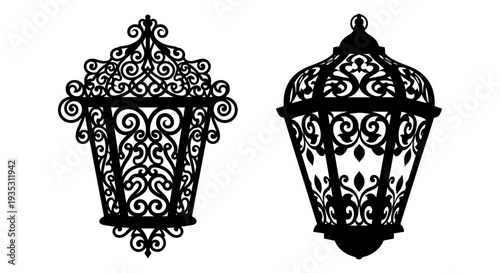 Elegant vintage lanterns with intricate wrought iron designs Vector, illustration