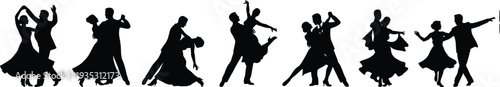 ballroom dancing couple silhouettes collection, elegant man and woman performing romantic dance poses, classic dance vector illustration set