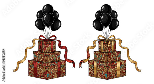 Two elegantly wrapped gift boxes topped with black balloons and golden ribbons Vector, illustration