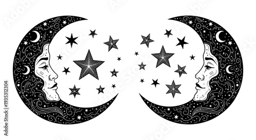 Dual celestial faces framed by crescent moons with starry skies Vector, illustration