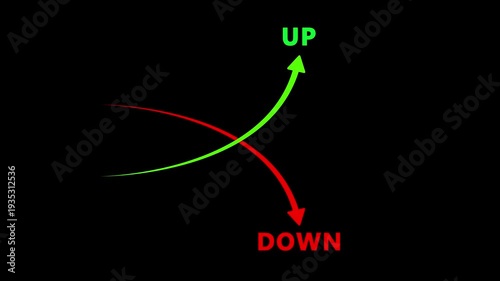 Dynamic business concept of rising profit and falling costs with green up arrow and red down arrow