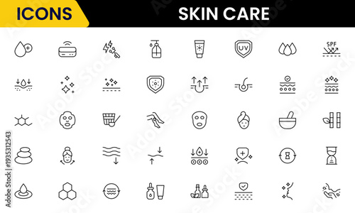 Skin care line icons set. Moisture cream, acid, anti wrinkle serum, creamed, collagen. Pixel perfect, minimalistic web and UI icon.Thin line icon collection. Vector illustration.